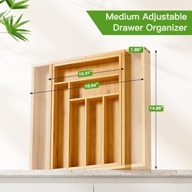 Pipishell Bamboo Expandable Drawer Organizer for Utensils Holder, Adjustable Cutlery Tray, Wood Drawer Dividers Organizer for Silverware, Flatware, Knives in Kitchen, Bedroom, Living Room(M-N)