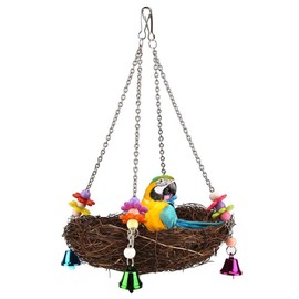 Parrot Hammock Swing Toy, Pet Bird Rattan Weave Hanging Swing Nest with 4 Bell Bird Parrot Supplies for Parrot Parakeet Conures MacawsToy