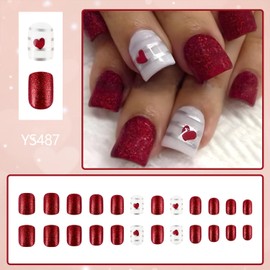 Red Glitter Heart Press on Nails Short Square Silver Stripe Fake Nails Romantic Acrylic Glue on Nails Glossy False Stick on Nails for Women DIY Manicure