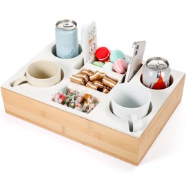 Yerliker Couch Cup Holder Tray Silicone Bamboo Couch Caddy Waterproof Anti-Spill Sofa Cup Holder for Sofa Bed Car Seat Beach Organizer Can Hold Mugs, Drinks, Snacks, Mobile Phones, Remote (White)