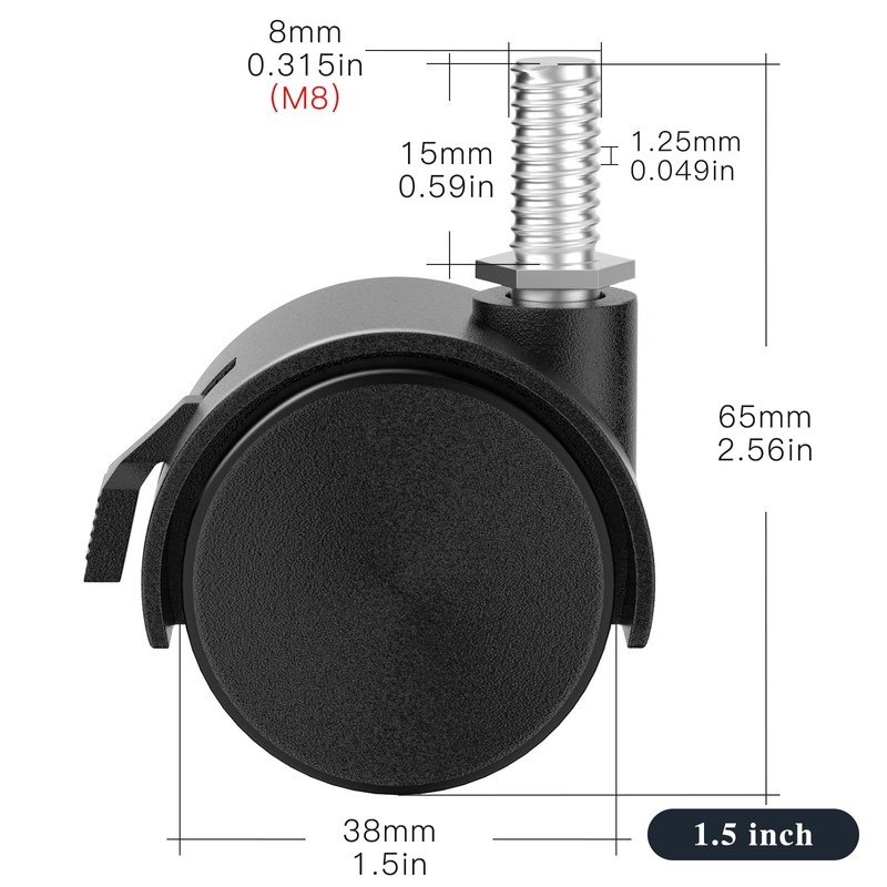 1.5 Inch Threaded Stem Furniture Casters, Metric M8 Nylon Plastic