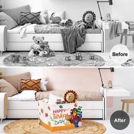 Clastyle Fall Harvest Kid Storage Basket Pumpkin Maple Leaf Thanksgiving Autumn Boys Girls Gift Toy Box Collapsible Clothes Organizer Nursery Bin for Bedroom,Turkey,40 * 30 * 30 cm