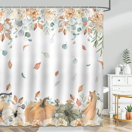 Avezano Autumn Pumpkin Curtain Fall Leaves Harvest Thanksgiving Pumpkin Bathroom Shower Curtain Waterproof Bathtub Curtain Decor with 12 Hooks 72 X 72 Inches (Yellow)