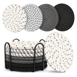 Juego de 8 Portavasos para Mesa Absorbentes, Posavasos Antideslizante, Handmade Braided Fabric Coasters Heat-Resistant, Protectores de Mesa para Todas Las Tazas,Con Soporte de Metal Negro (Negro)