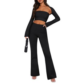 REORIA Womens Fall Two Piece Sets Matching Sets Trendy Cute Long Sleeve Cardigan And Tube Crop Tops And Flare Pants Pajamas Lounge Sets Going Out Outfits Plus Size Black XX-Large