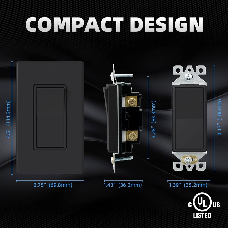 ELEGRP Matte Black Single Pole Decorator Light Switch, 15Amp 120-277V,