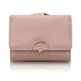 FuninCrea Small Wallets Woman, Faux Leather Trifold Ladies Wallet Kiss Lock Coin Purse for Women with 5 Card Slots and Metal Snap Closure (Pink)