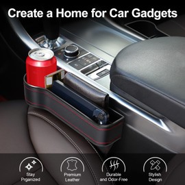 LEYACS Car Seat Gap Filler, Premium Leather Car Seat Gap Filler Organizer with Cup Holder, Car Seat Organizer with Two Seat Hooks, Can Hold Cell Phone, Keys, Cards, Canned Drinks - 2 Pack, Black