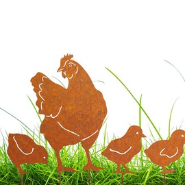 Voarge Chicken Garden Stake, Set of 4, Rust Stakes Made of Patina Metal, Garden Decoration, Chicken Garden, Rust Decoration for Garden, Patio, Balcony or Flower Pot