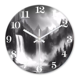 XNM 14 Inch Waterfall Wall Clock for Living Room Analog Natural Landscape Black and White Glass Wall Clocks Battery Operated Round Wall Clock Silent