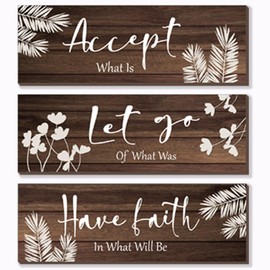 ONIZHITY 3 Pieces Brown Bathroom Decor Farmhouse Bathroom Accessories Rustic Brown Wooden Wall Signs with Positive Words Vintage Country Bathroom Decor for Home Laundry Room (Brown, 12x4 Inch)
