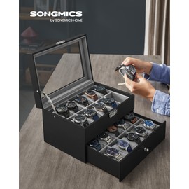SONGMICS 20-Slot Watch Box, Watch Case with Glass Lid, 2 Layers, Lockable Watch Display Case, Black Synthetic Leather, Gray Lining UJWB006