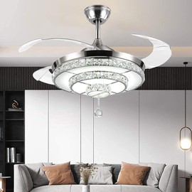 Fandian 42” Crystal Ceiling Fans Light with Retractable Blades LED Chandelier Remote Control 3 Color Changes 3 Speeds Chrome Ceiling Fandelier Fixture, Silent Motor with LED Kits Included