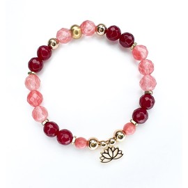 Lotus Love Gemstone bracelet/Cherry Quartz/Jade/Crystal Gems/Light Gold/Stretch/with crystal meanings card (7, Gold/Pink & Red/Jade & Cherry Quartz/Lotus Charm)
