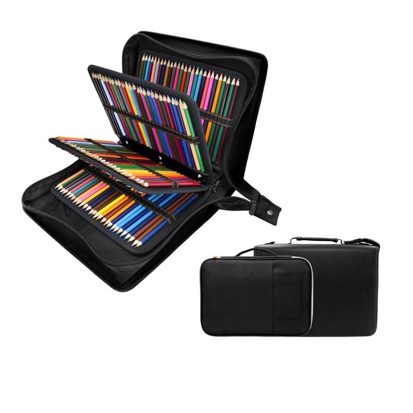200 + 16 Slots Pencil Case & Extra Pencil Sleeve Holder - Bundle for Prismacolor Watercolor Pencils, Crayola Colored Pencils, Marco Pens and Cosmetic Brush by YOUSHARES (216 slots Black)