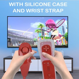 MOVHEIYL Replacement Remote Controller for Wii & Wii U, Built-in 2 in 1 Motion Plus with Silicon Case and Nunchuck (Red)