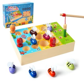 Vicloon Wooden Fishing Game, 4 In 1 Magnetic Fishing Game, Double Sided Wooden Montessori Toys with 6 Magnetic Fish, 6 Worms and 6 Bees Game Wooden Toys for 3+ Year Olds Children Toddler Games