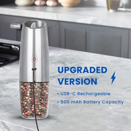 UNNEES Rechargeable Electric Salt and Pepper Grinder set of 2, gravity electric salt and pepper grinder set, Adjustable Roughness, LED Light, 2 Pack, (Silver)