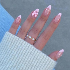 MISUD Press on Nails - Medium Almond Glue on Nails with Pink French Tip, Acrylic Bow Pearl Design 24 pcs