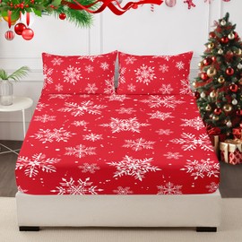 HCORA Christmas Twin Fitted Sheet and Pillowcase Set - 100% Brushed Microfiber Snowflakes Fitted Sheet Deep Pocket Up to 16" - Ultra Soft, Shrinkage & Fade Resistant (Twin)
