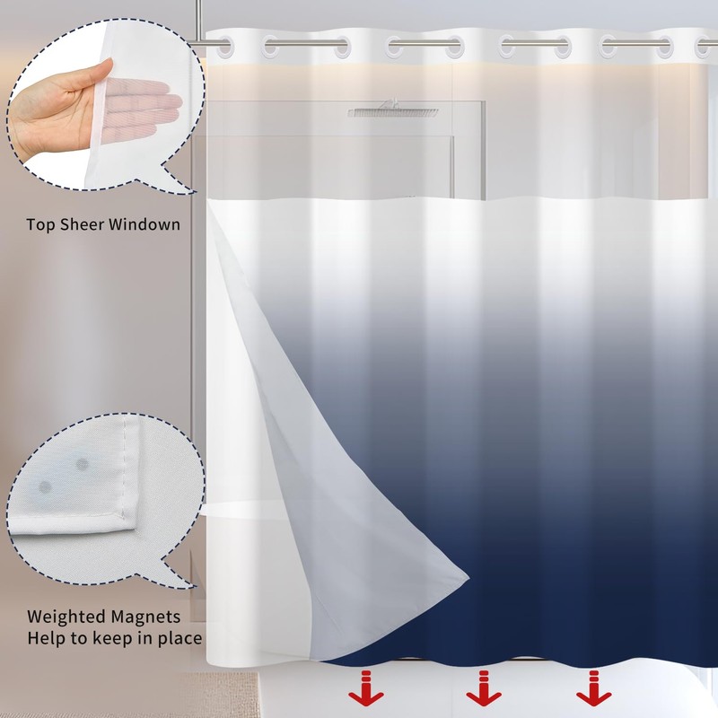 RiePoiia No Hook Ombre Shower Curtain with Snap in Fabric