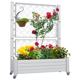 YITAHOME 43.3x17.7x61 in Planter Trellis Box with Wheels & Drain Plug, Outdoor Resin Raised Garden Bed for Climbing Plants, Large Weather-Resistant Design, Grayish-White