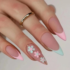 ANDGING Matte Pink Press on Nails Almond Short Medium French Tip Glue on Nails for Women Fake Nails with Gold Line Heart Designs Artificial Stick on Nails Gel Manicure Acrylic False Nails for Wedding