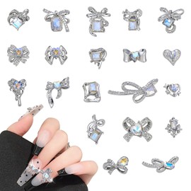 Chisafly Nail Parts, Ribbon, Stone, 3D, Cute, Bowknot, Rhinestones, Large, Small, Sparkling Metal, Heart, Nail Art, Mix, Set of 20 (Moonlight)