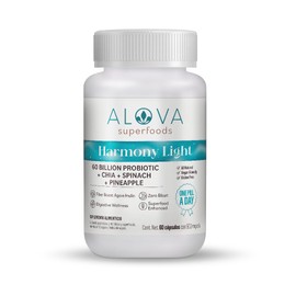 Probioticos 60 Billones con Enzimas Digestivas de Origen Vegetal, Espinaca, Chía, Piña e Inulina de Agave, 1 Cápsula al Día para 2 Meses de Consumo, 10 Cepas de Probioticos Prebioticos y Lactobacilos, Alova Superfoods, Harmony Light, Vegan Probiotics, Gl