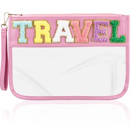 BuyCard Chenille Letter Bag Clear Flat Pouch for Travel Cute Cosmetic Bag Preppy Makeup Bag With Zipper PU & PVC Waterproof Toiletry Bag, Portable Beach Snack Stuff Wristlet Bag for Women Girls Pink