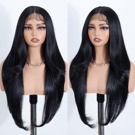 Style Icon Easy-360 Lace Wigs 28 inch Free Part Lace Frontal Wigs 13x4 HD Glueless Long Black Straight Layered Lace Front Wig for Women Synthetic Wig
