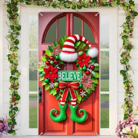 BlissYard Christmas Doors Cover Winter Door Cover Believe Elf Wreath Festive Holiday Front Door Decoration 71x35 Inch Christmas Welcome Banner Home Garden Indoor Outdoor Display