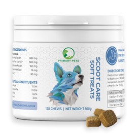 Primary Pets Premium Pet Supplies Scoot Relief Treats, Anal Gland Support for Dogs | High Fibre Supplement with Psyllium Husk, Pumpkin Seeds, Dandelion Root & Prebiotics | 120 Soft Chews