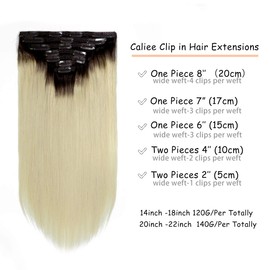 Caliee 14Inch Clip in Human Hair Extensions R2-60 Ombre Dark Brown with Platinum Blonde Double Weft Lace Clip in Hair Extensions Invisible Natural Straight Hair Extensions Clip on 120G 7PCS