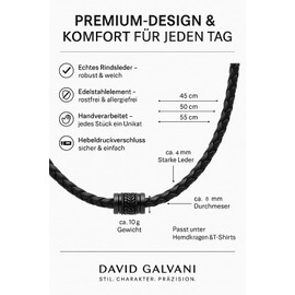 David Galvani Men's Genuine Leather Necklace - Braided Necklace with Stainless Steel Bead - 45/50/55 cm - Gift Box Included, Stylish Men's Accessory, 50 cm, Leather, No Gemstone