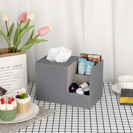 Sumnacon Square Linen Tissue Box Cover - Decorative Cube Tissue Box Holder with Side Organizer, Modern Tissue Box for Living Room Vanity Night Stand Table Countertop Office, Grey