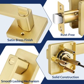 1 Pack Gold Door Handles Interior, Bedroom Door Knob with Lock, Bathroom Door Knob, Keyless Privacy Door Handles, Reversible Door Lever for Left/Right Side Doors