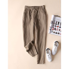 IXIMO Women's Tapered Pants 100% Linen Drawstring Back Elastic Waist Pants Trousers with Pockets Dark Khaki S