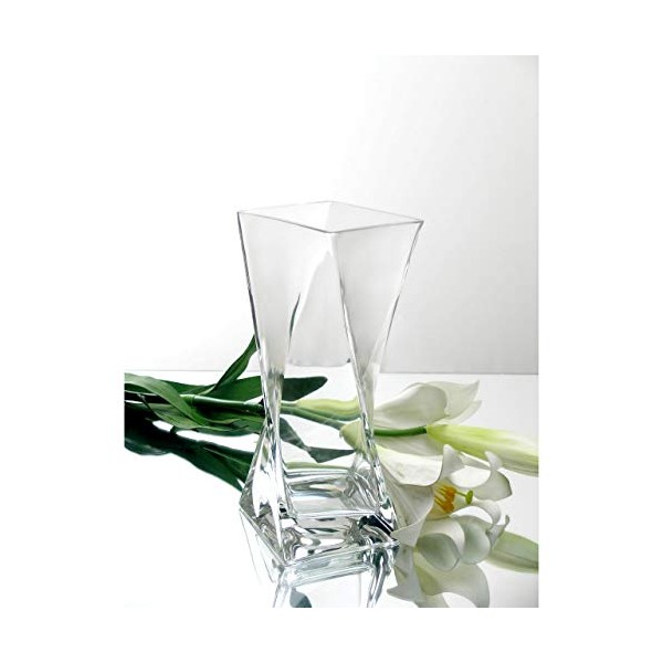 WGV Twist Bouquet Vase, 4" W, 10" H, Clear Square Block Gathering Hurricane Glass Floral Container, Centerpiece, Home Wedding Event Decor, 1 Piece (VUT0410)
