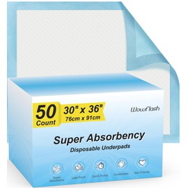 Wowflash Super Absorbency Disposable Leakproof Underpads with Quick Drying for Baby, Adults, Puppy, Dog Bed Pee Pads, Extra Large, XXL Incontinence Pads, 30” x 36”, 50 Count