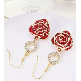 ZJchao Red 24K Gold Dipped Real Rose Crystal Circle Dangle/Drop Earrings - Mother's Day
