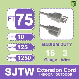 EP 75 Ft Outdoor Extension Cord - 16/3 SJTW Gray Electrical Cable with 3 Prong Grounded Plug, UL Listed