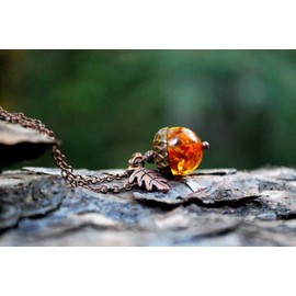 Enchanted Leaves - Orange and Copper Acorn Necklace - Orange Fall Acorn Pendant - Cute Nature Charm Necklace