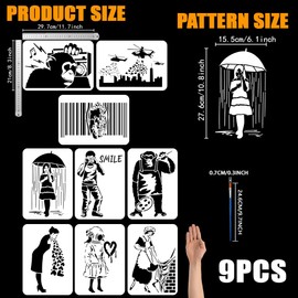 FINGERINSPIRE 9Pcs Banksy Characters Stencil 21x29.7cm Chimpanzees Painting Stencils with Bamboo Brush Umbrella Rain Girl Drawing Large Stencils Helicopter Templates for Fabric Tiles Furniture