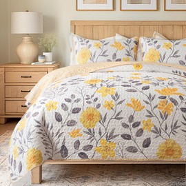 Soul & Lane May Flowers Gray and Yellow Quilt Set - Queen Size with 2 Shams, Summer Lightweight Floral Quilted Bedspread, Nature-Inspired Bedding with Flower and Botanical Pattern