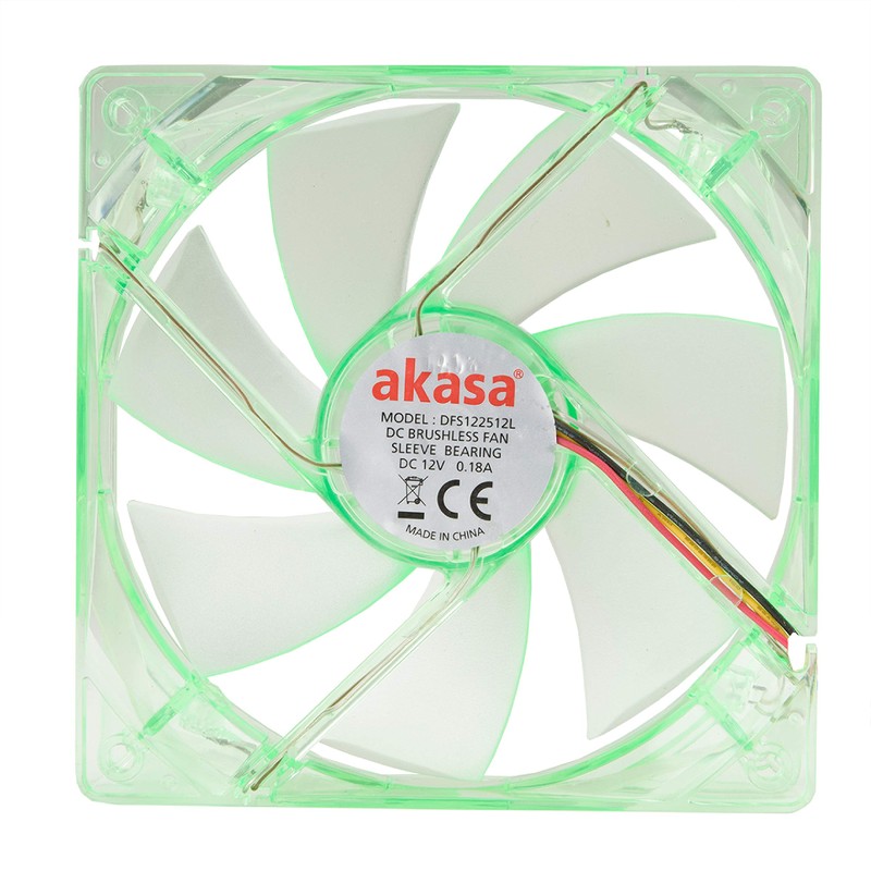 Akasa 120mm Quiet Bright Green Fan | Green LED Case