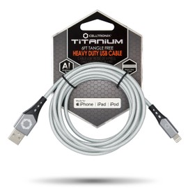 Celltronix - Titanium [Apple MFi Certified] 6FT Fast Charging Tangle Free Heavy Duty USB to Lightning Cable. Includes Sync+Charge & Aluminum Tips for Optimum Connectivity: Silver