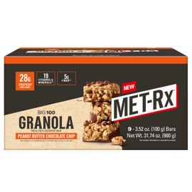 MET-Rx MET-Rx Big 100 Granola Protein Bar, Meal Replacement Bar, 32G Protein,Peanut Butter Chocolate Chip, Pack of 9