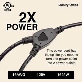 2 Way Power Splitter and 1' Extension Cord - 1 to 2 Cable Strip with 3 Pronged Outlet and Y Style Extension Cord – 3 Pack - Black - SJT 16 AWG – by Luxury Office