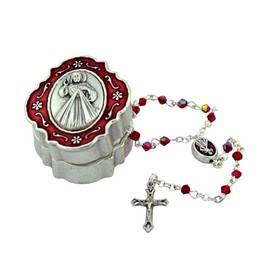 Small Mini Rosary Gift Set | 6 Styles | Small Case | Colored Enamel Accents | Christian Jewelry (Divine Mercy - Red Enamel)
